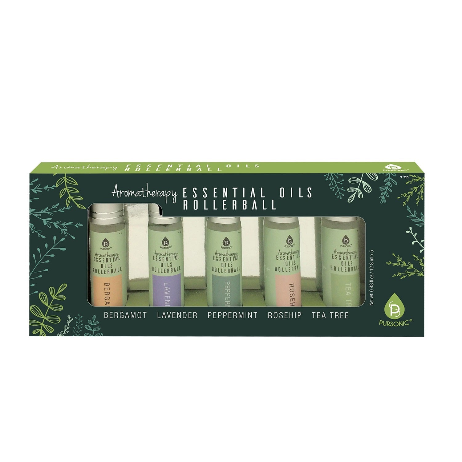 Aromatherapy Essential Oils Rollerballs Gift Set (Bergamot, Lavender, Peppermint, Rosehip, Tea Tree)