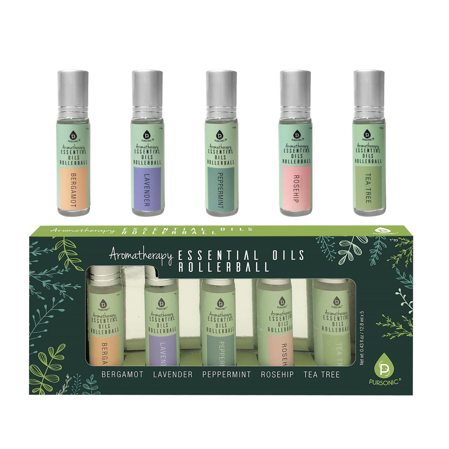 Aromatherapy Essential Oils Rollerballs Gift Set (Bergamot, Lavender, Peppermint, Rosehip, Tea Tree)