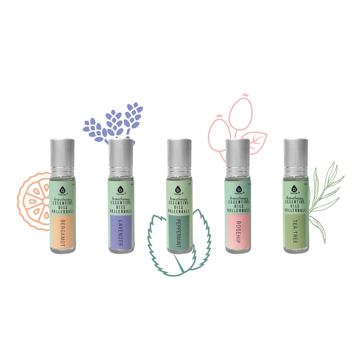 Aromatherapy Essential Oils Rollerballs Gift Set (Bergamot, Lavender, Peppermint, Rosehip, Tea Tree)