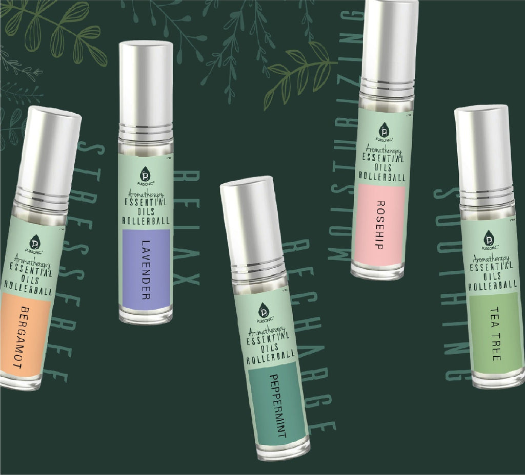 Aromatherapy Essential Oils Rollerballs Gift Set (Bergamot, Lavender, Peppermint, Rosehip, Tea Tree)